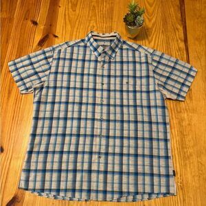 Kuhl Shirt Mens XL Blue Tan Plaid Linen Blend Hiking Outdoors Short Sleeve